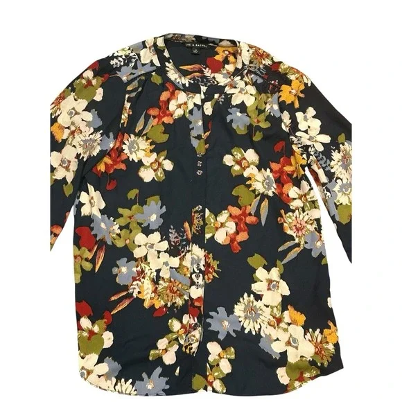 Zac & Rachel Shirt Top M Navy Blue White Green Floral Open Neck Button Dn 3/4 Sl - Picture 3 of 5